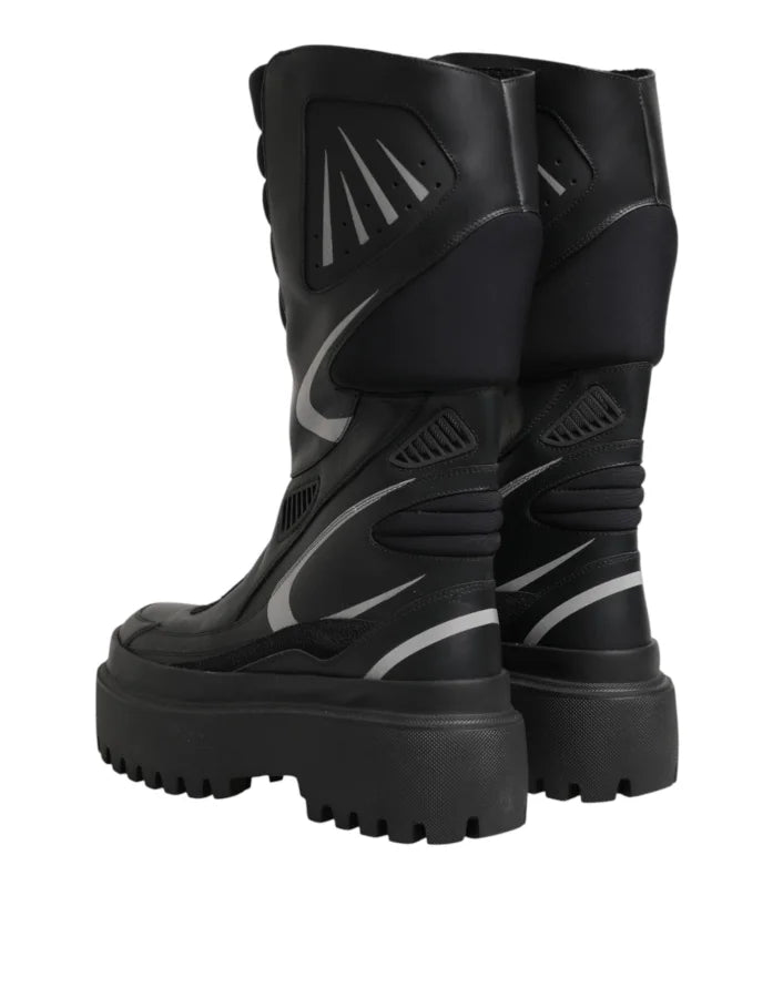 Dolce &amp; Gabbana Black Leather Mid Calf Biker Boots Shoes