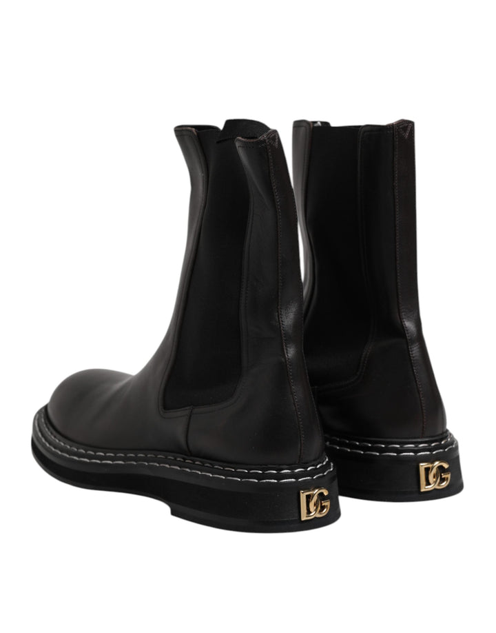 Dolce &amp; Gabbana Black Leather Mid Calf Boots Flats Shoes
