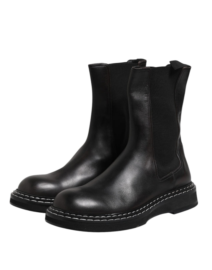 Dolce &amp; Gabbana Black Leather Mid Calf Boots Flats Shoes