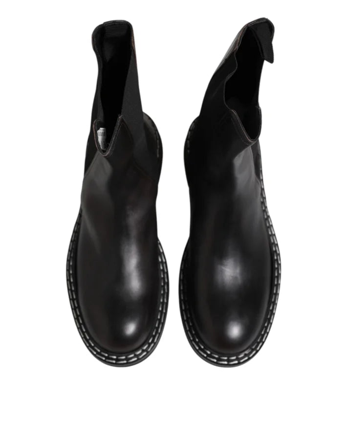 Dolce &amp; Gabbana Black Leather Mid Calf Boots Flats Shoes