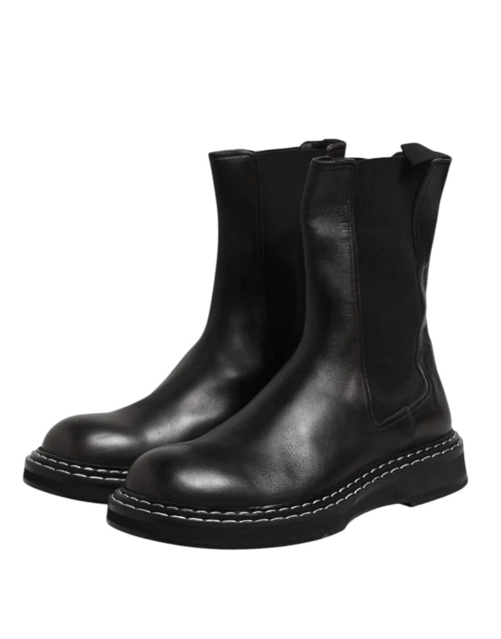 Dolce &amp; Gabbana Black Leather Mid Calf Boots Flats Shoes