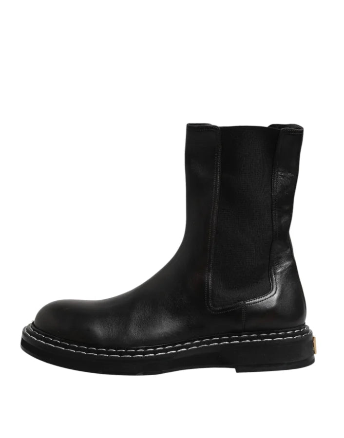 Dolce &amp; Gabbana Black Leather Mid Calf Boots Flats Shoes