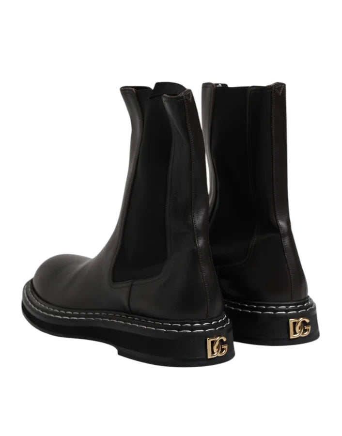 Dolce &amp; Gabbana Black Leather Mid Calf Boots Flats Shoes