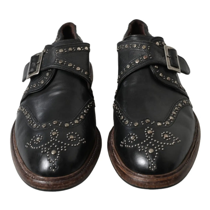 Dolce &amp; Gabbana Black Leather Monk Strap Studded Dress Shoes