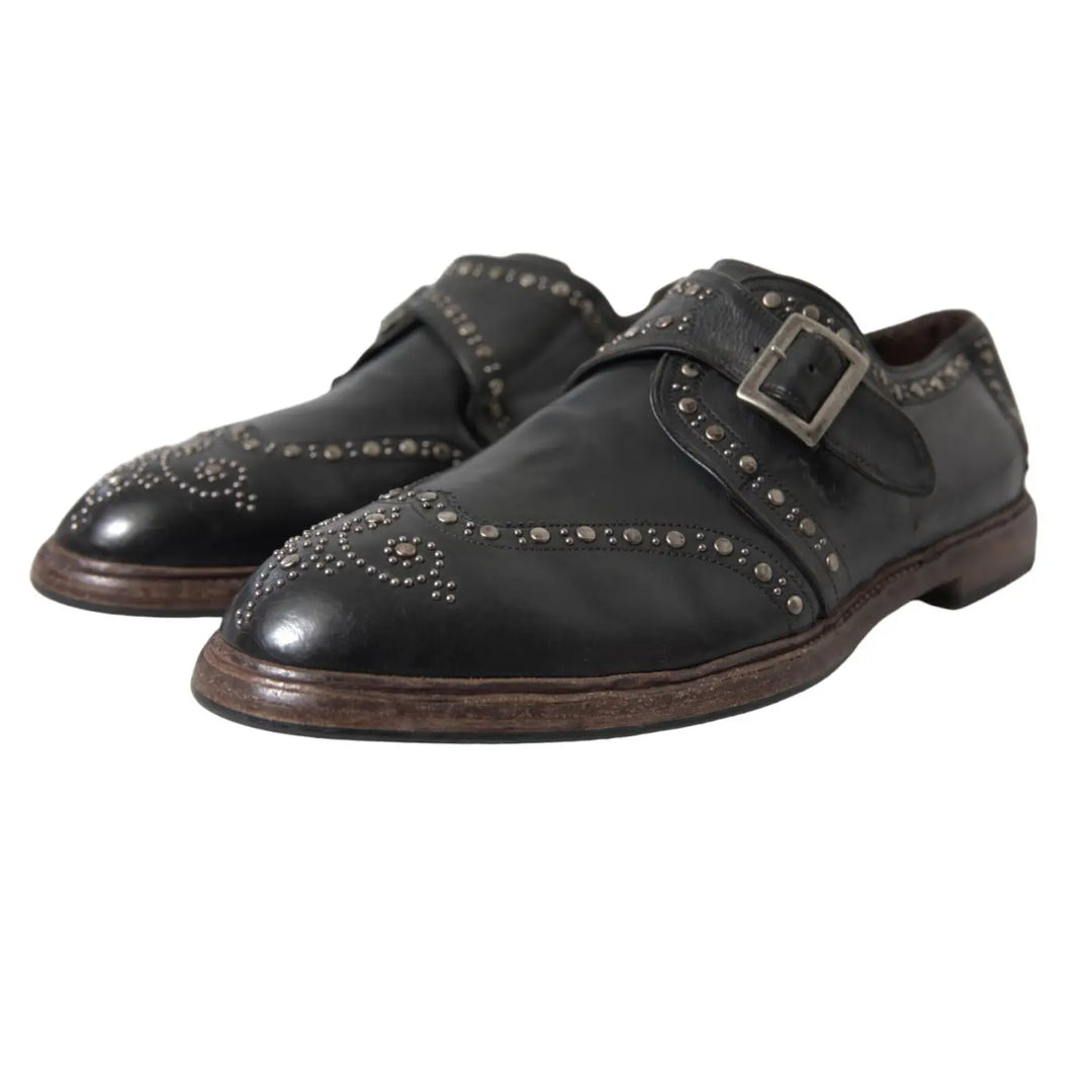 Dolce &amp; Gabbana Black Leather Monk Strap Studded Dress Shoes