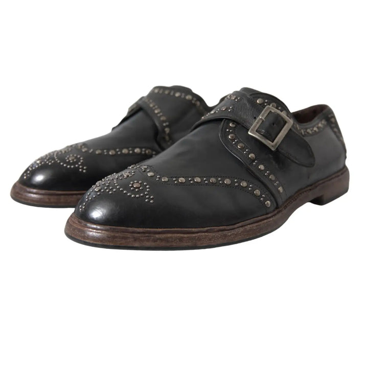 Dolce &amp; Gabbana Black Leather Monk Strap Studded Dress Shoes