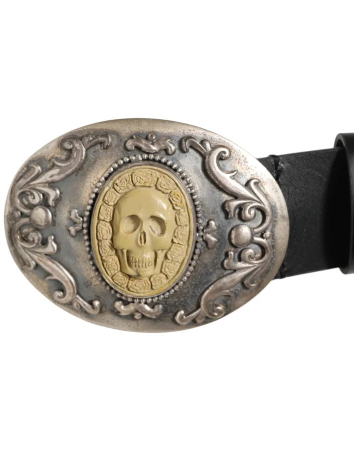 Dolce &amp; Gabbana Black Leather Ornate Metal Buckle Men Belt