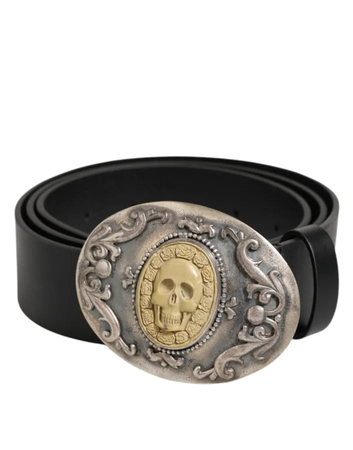 Dolce &amp; Gabbana Black Leather Ornate Metal Buckle Men Belt