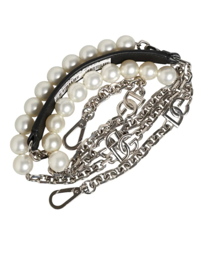 Dolce &amp; Gabbana Black Leather Pearl Chain Bag Accessory Shoulder Strap