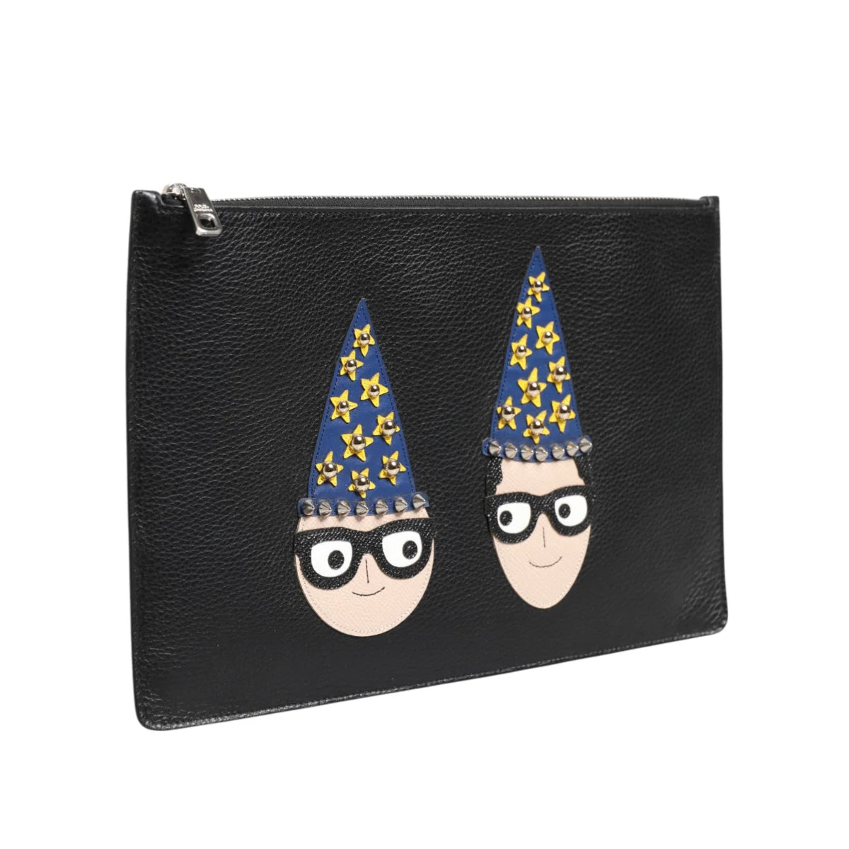Dolce & Gabbana Black Leather Pouch Bag with DGFamily Embellished Design