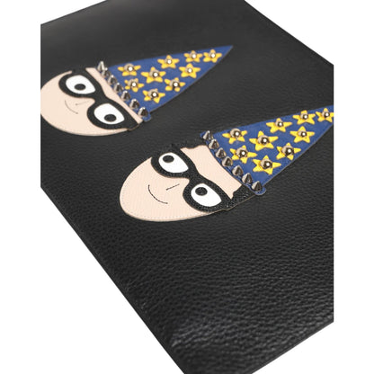 Dolce & Gabbana Black Leather Pouch Bag with DGFamily Embellished Design