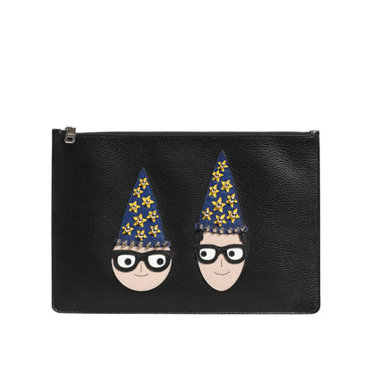 Dolce & Gabbana Black Leather Pouch Bag with DGFamily Embellished Design