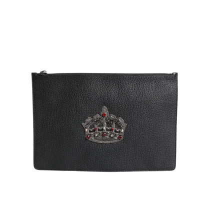 Dolce Gabbana Black Leather Pouch Bag with Logo Engraved Detailing &