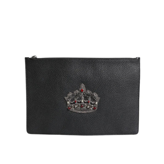 Dolce Gabbana Black Leather Pouch Bag with Logo Engraved Detailing &