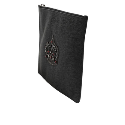 Dolce Gabbana Black Leather Pouch Bag with Logo Engraved Detailing &
