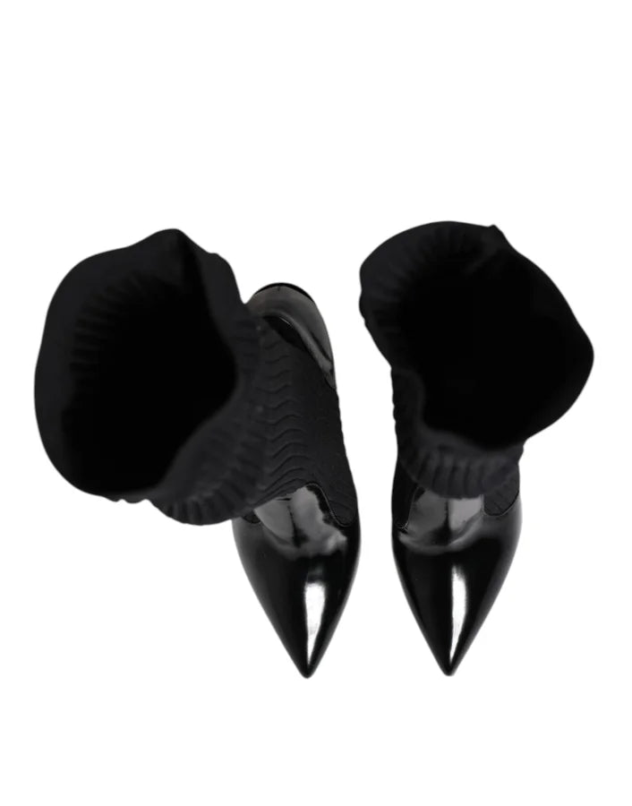 Dolce &amp; Gabbana Black Leather Ribbed Knit Knee Boots Shoes