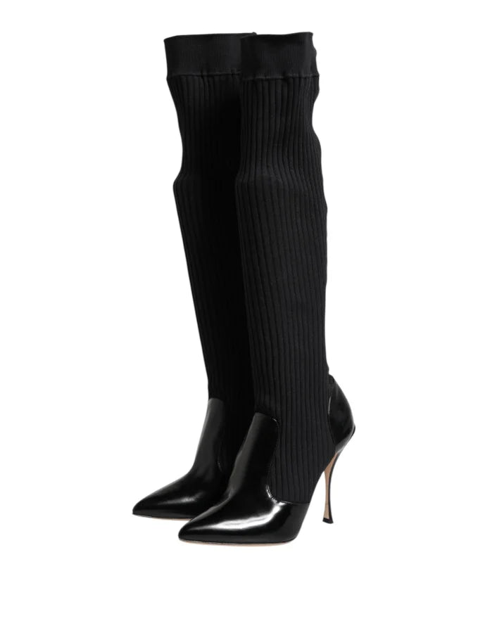 Dolce &amp; Gabbana Black Leather Ribbed Knit Knee Boots Shoes