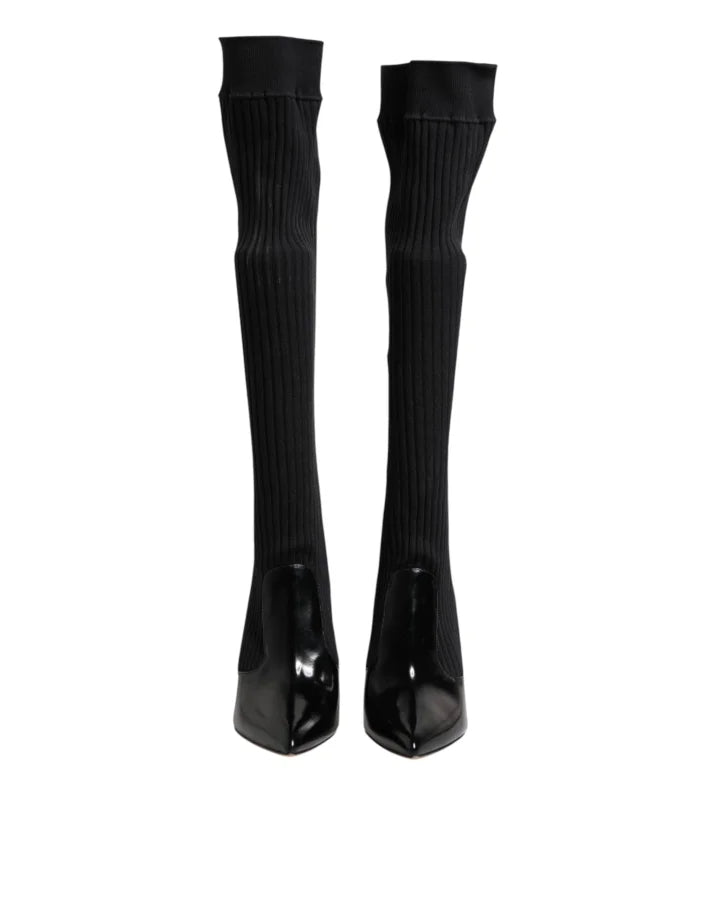 Dolce &amp; Gabbana Black Leather Ribbed Knit Knee Boots Shoes