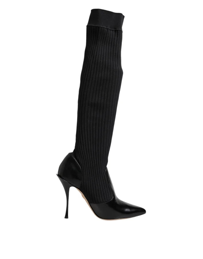 Dolce &amp; Gabbana Black Leather Ribbed Knit Knee Boots Shoes