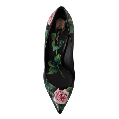 Dolce & Gabbana Black Leather Roses High Heels Pumps Shoes