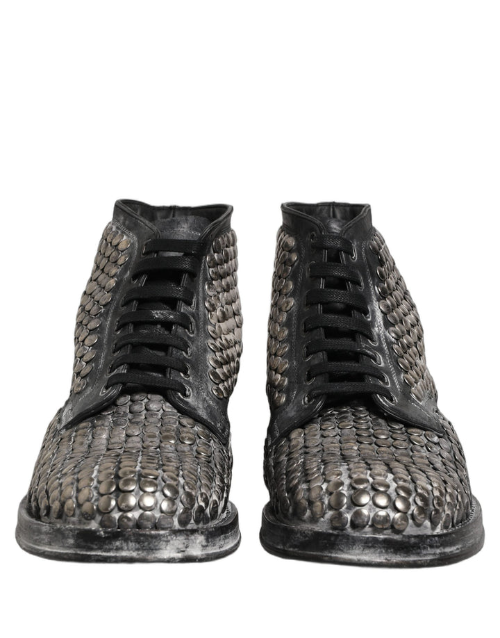 Dolce &amp; Gabbana Black Leather Runway Studs Ankle Boots Shoes