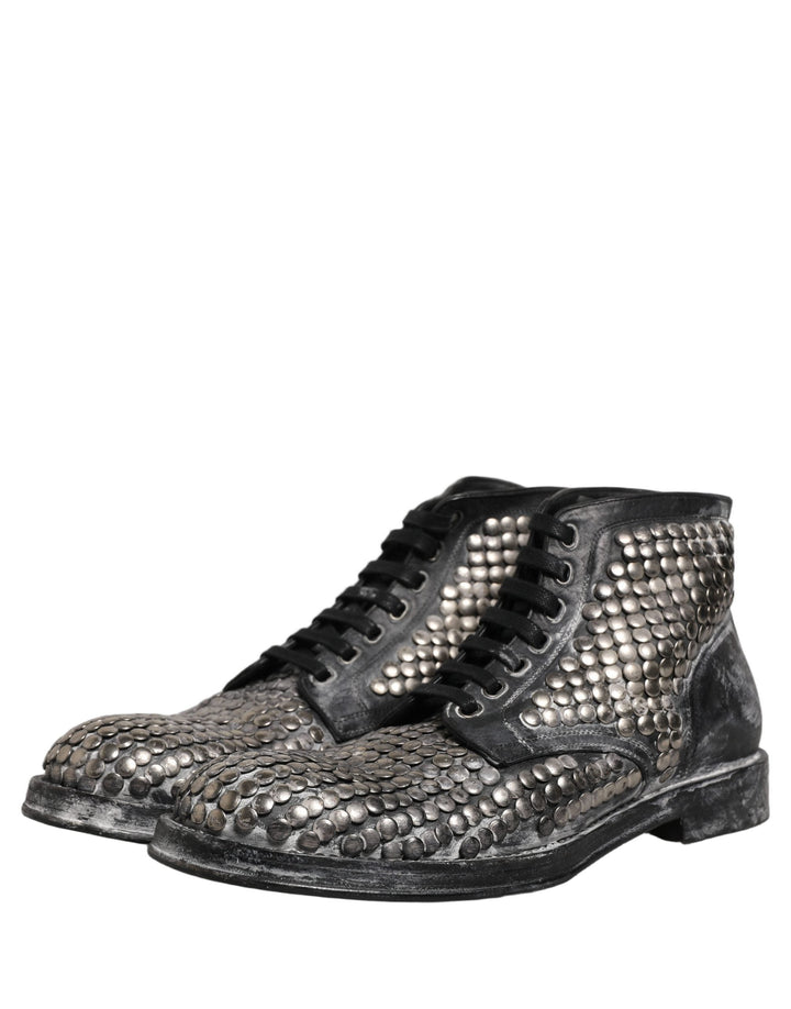 Dolce &amp; Gabbana Black Leather Runway Studs Ankle Boots Shoes