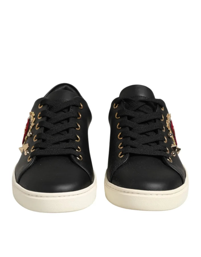 Dolce &amp; Gabbana Black Leather Sacred Heart Sneakers Shoes