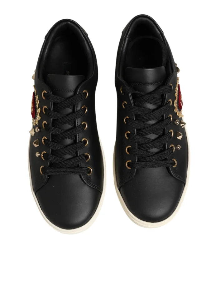 Dolce &amp; Gabbana Black Leather Sacred Heart Sneakers Shoes