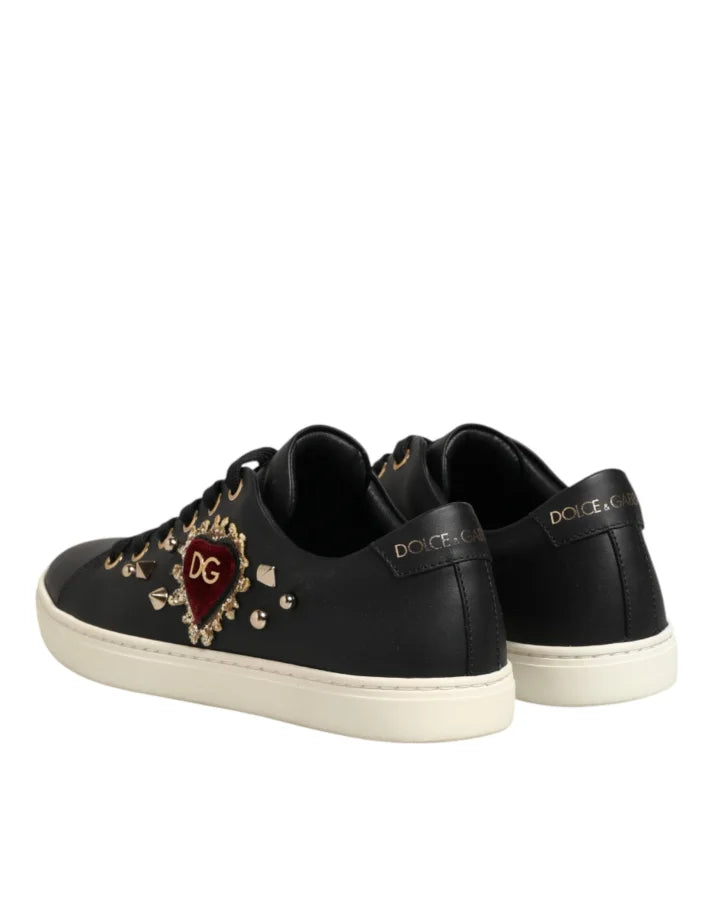 Dolce &amp; Gabbana Black Leather Sacred Heart Sneakers Shoes