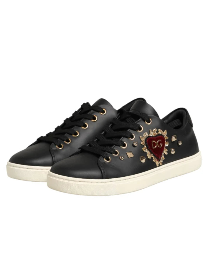 Dolce &amp; Gabbana Black Leather Sacred Heart Sneakers Shoes