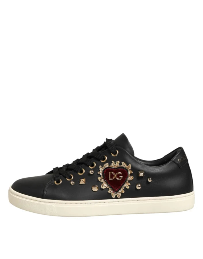 Dolce &amp; Gabbana Black Leather Sacred Heart Sneakers Shoes