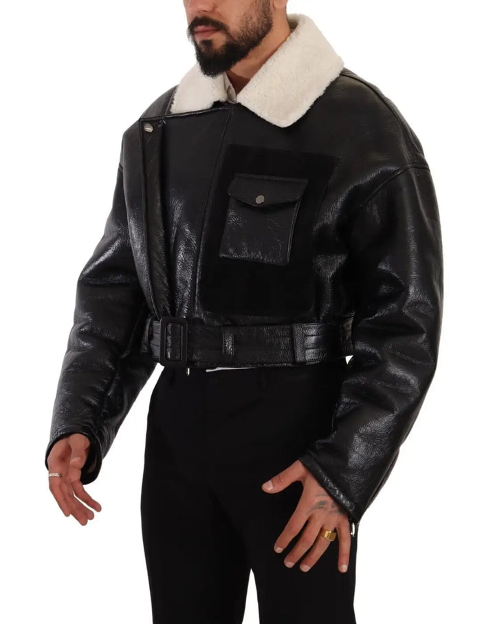 Dolce &amp; Gabbana Black Leather Shearling Biker Coat Jacket
