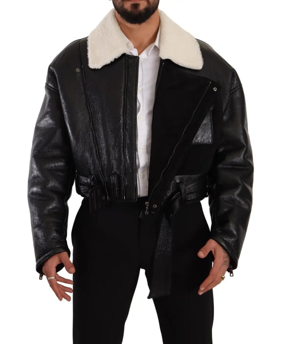 Dolce &amp; Gabbana Black Leather Shearling Biker Coat Jacket