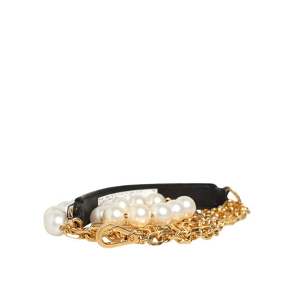 Dolce & Gabbana Black Leather Shoulder Strap with Gold Chain and Pearls