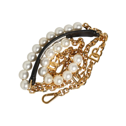 Dolce & Gabbana Black Leather Shoulder Strap with Gold Chain and Pearls