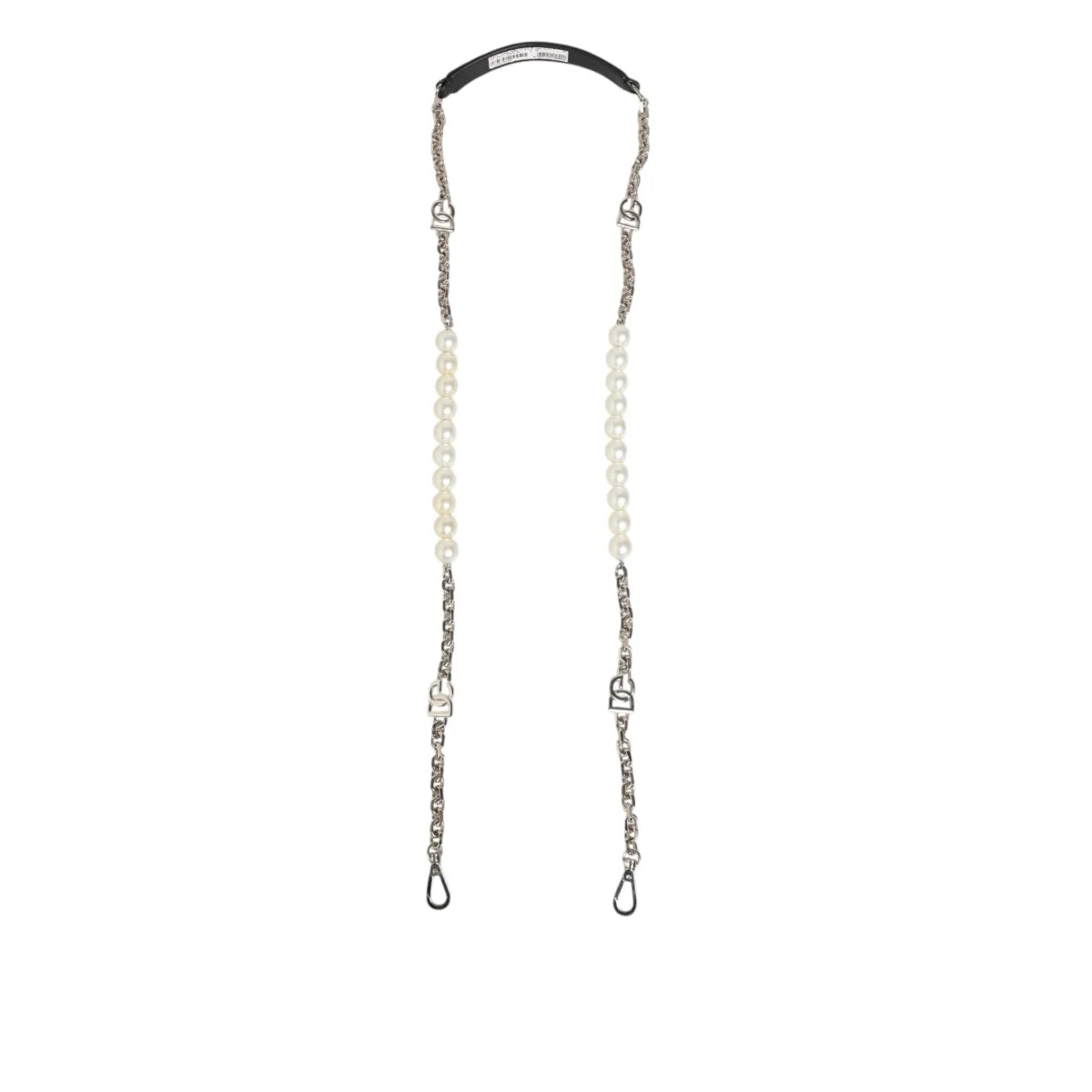 Dolce & Gabbana Black Leather Shoulder Strap with Pearls and Brass Chain