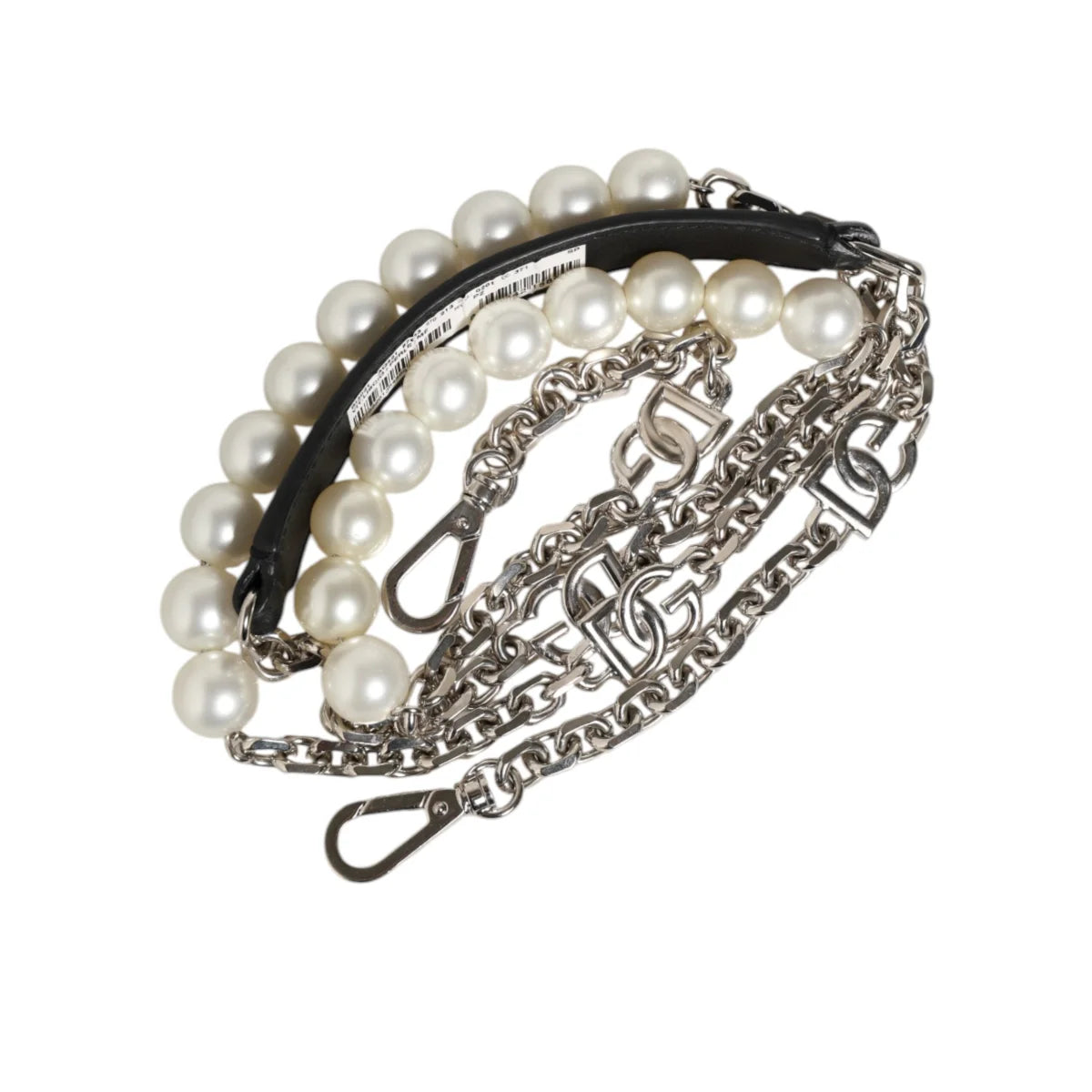 Dolce & Gabbana Black Leather Shoulder Strap with Pearls and Brass Chain