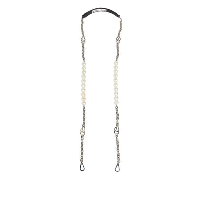 Dolce & Gabbana Black Leather Shoulder Strap with Pearls and Brass Chain