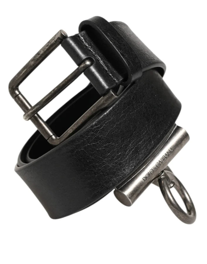 Dolce &amp; Gabbana Black Leather Side Rings Brass Buckle Belt