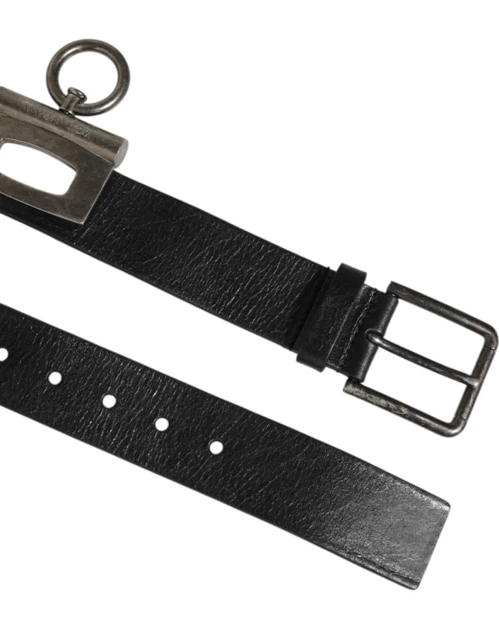 Dolce &amp; Gabbana Black Leather Side Rings Brass Buckle Belt