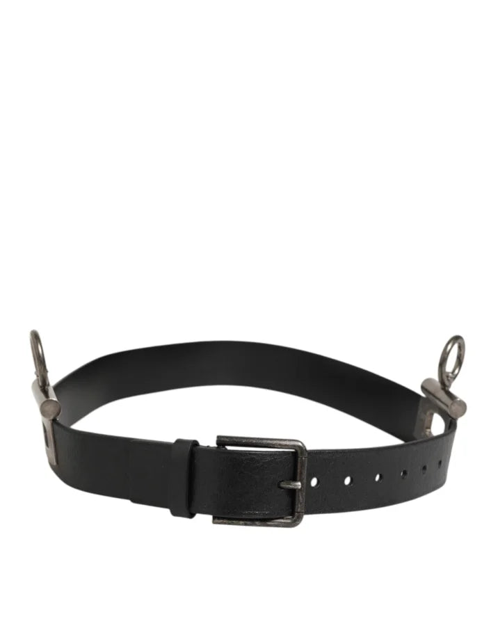 Dolce &amp; Gabbana Black Leather Side Rings Brass Buckle Belt
