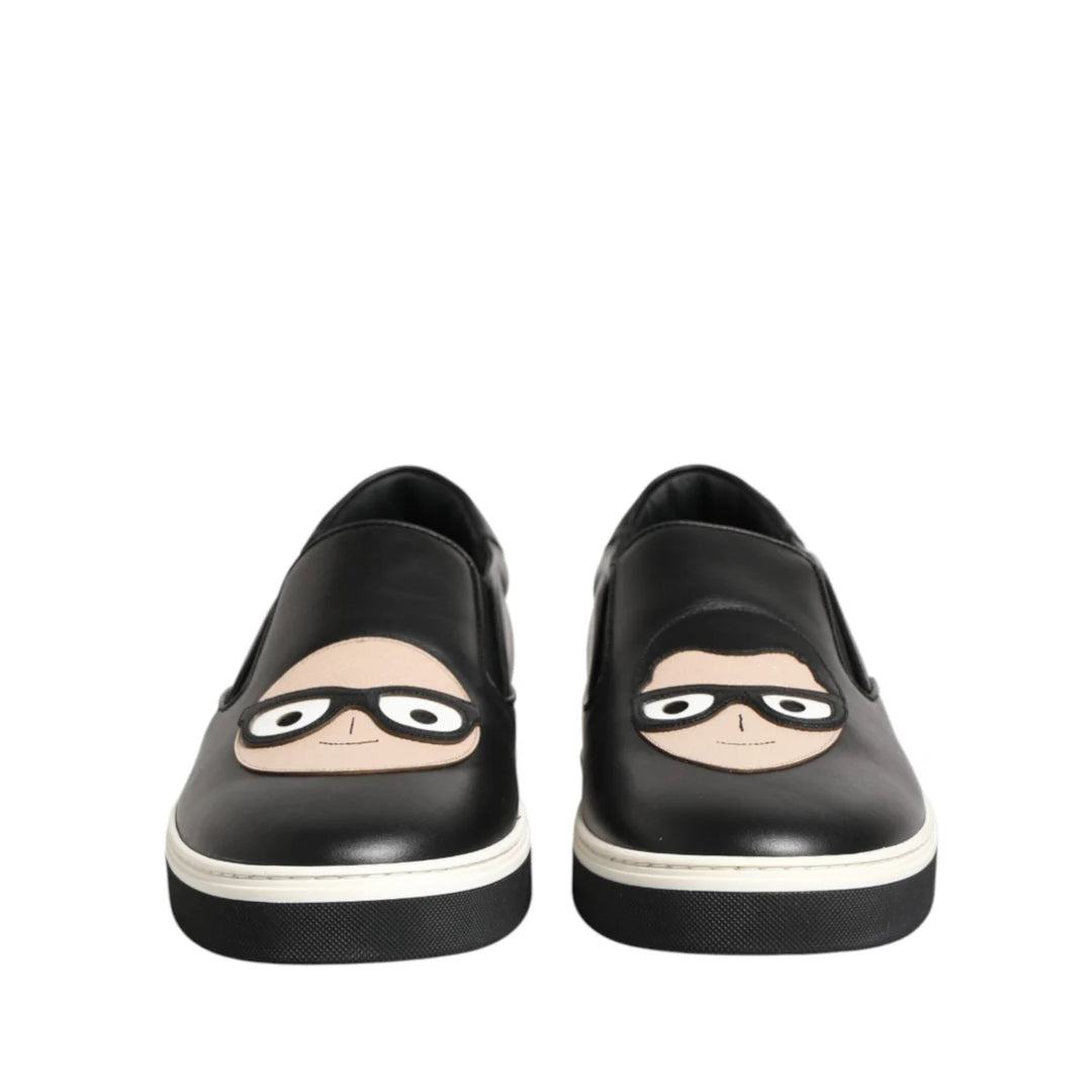Dolce &amp; Gabbana Black Leather Signature Figures Sneakers Shoes