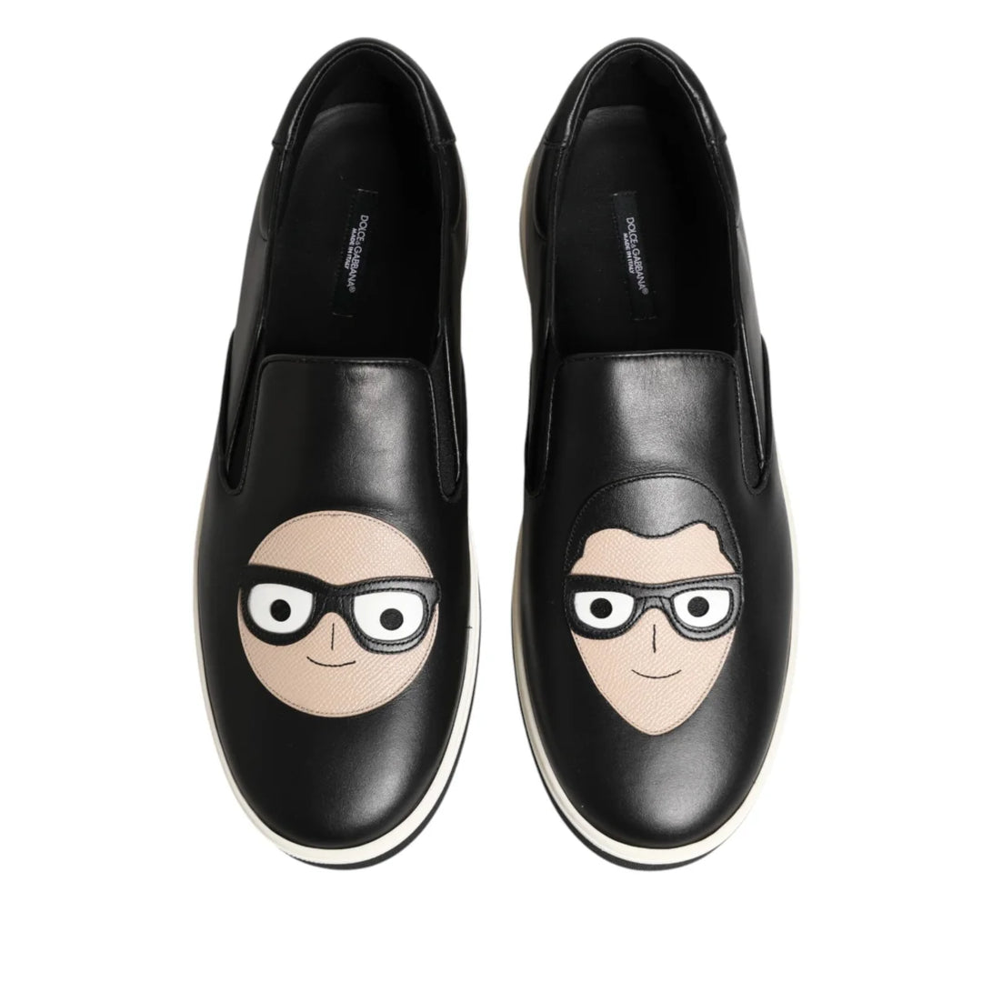 Dolce &amp; Gabbana Black Leather Signature Figures Sneakers Shoes