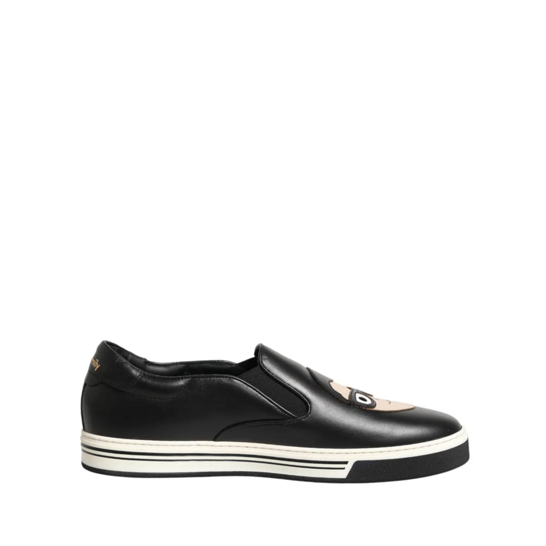 Dolce &amp; Gabbana Black Leather Signature Figures Sneakers Shoes