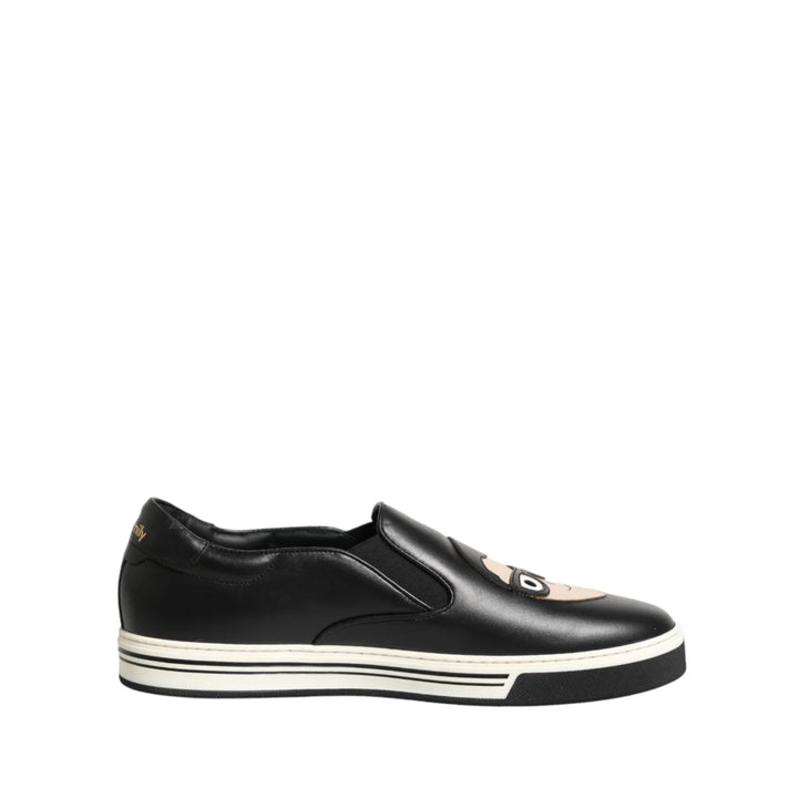 Dolce &amp; Gabbana Black Leather Signature Figures Sneakers Shoes
