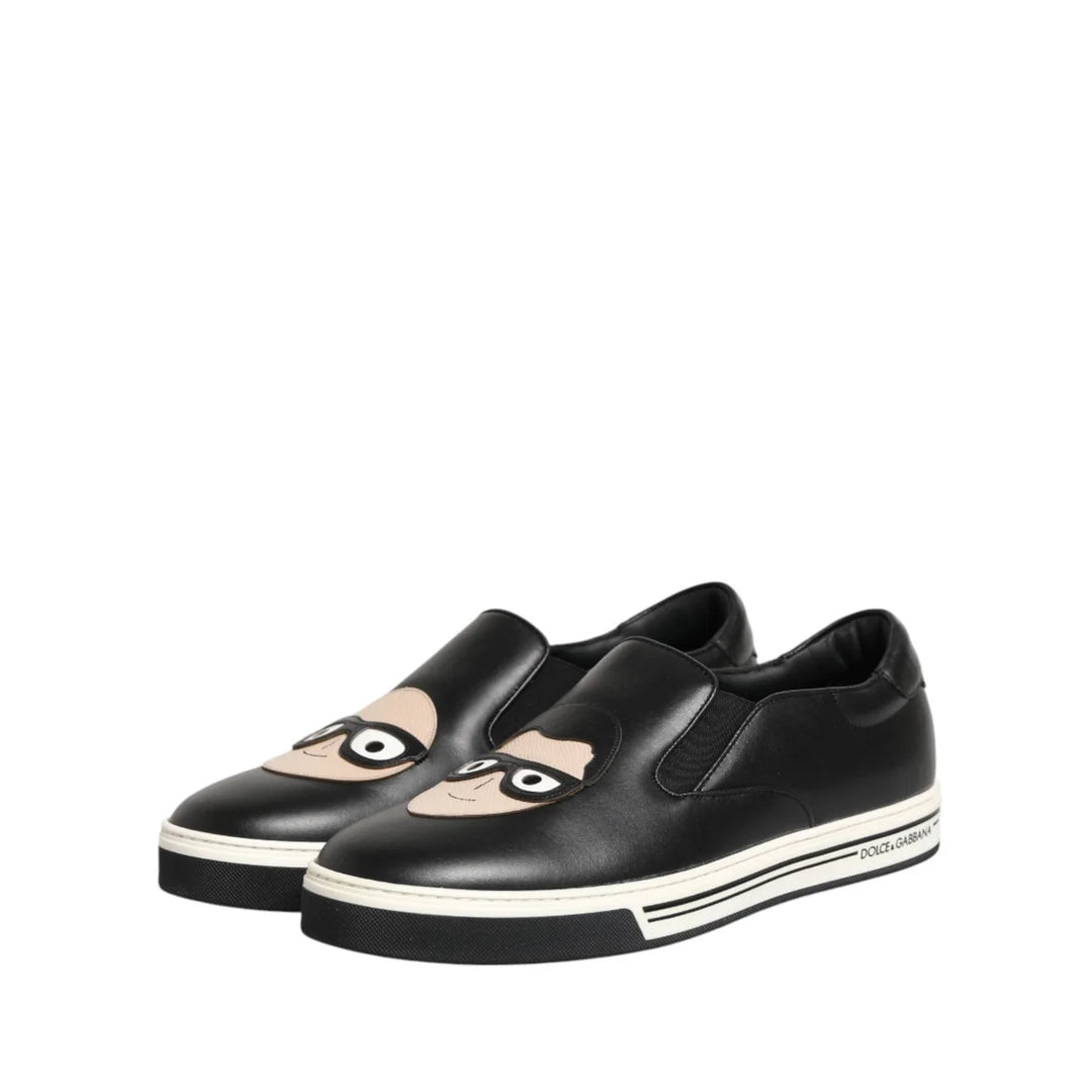 Dolce &amp; Gabbana Black Leather Signature Figures Sneakers Shoes