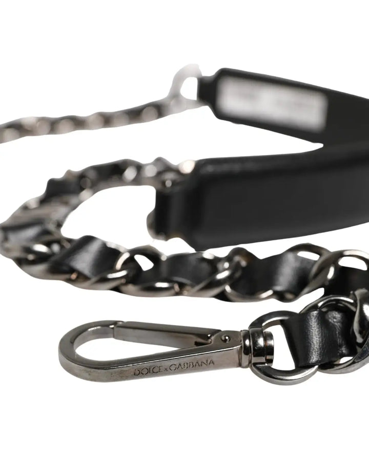 Dolce &amp; Gabbana Black Leather Silver Chain Bag Accessory Shoulder Strap