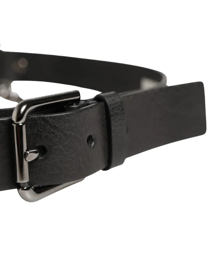Dolce &amp; Gabbana Black Leather Silver Chain Waist Men Belt