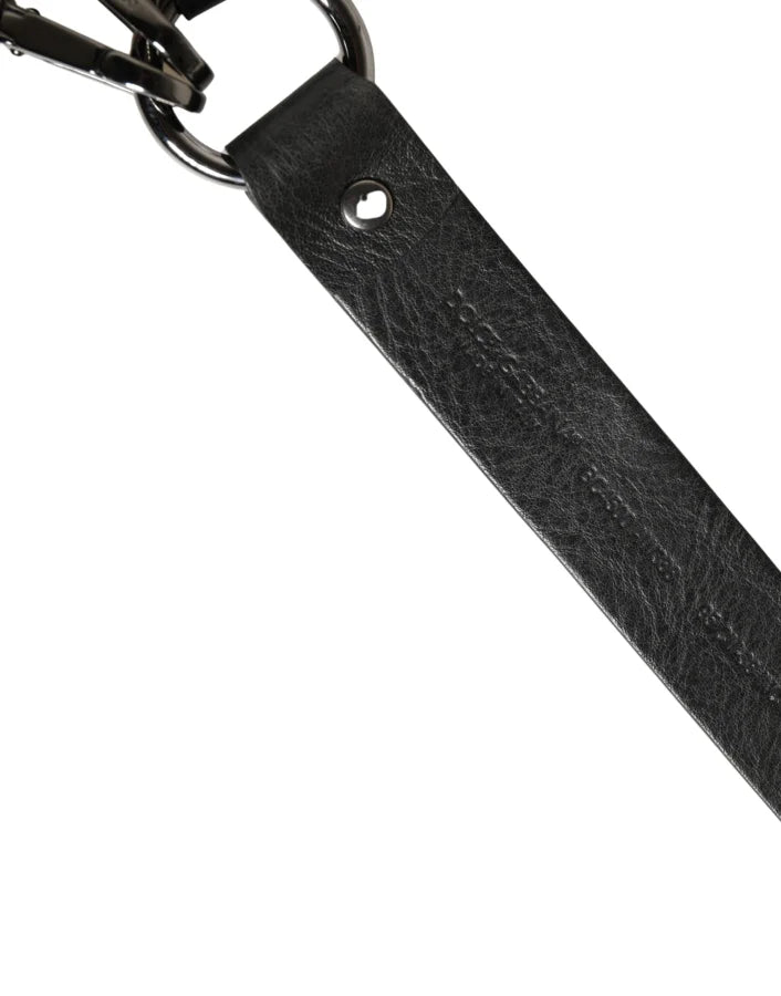 Dolce &amp; Gabbana Black Leather Silver Chain Waist Men Belt