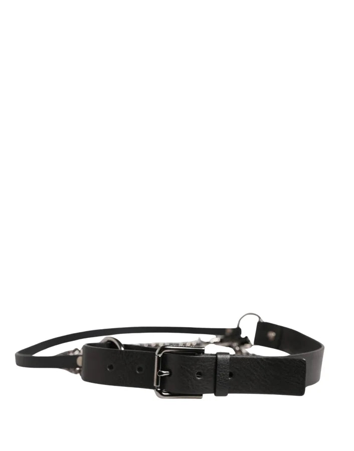 Dolce &amp; Gabbana Black Leather Silver Chain Waist Men Belt